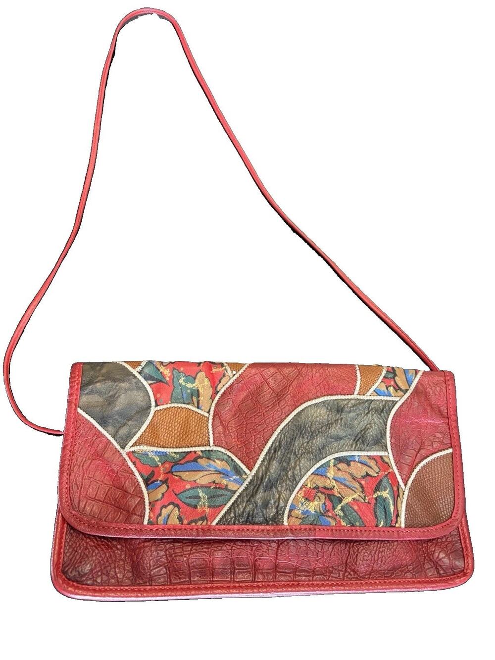 Vtg Carlos Falchi Red Exotic Leather Patchwork Crossbody Purse 80s Statement Pc